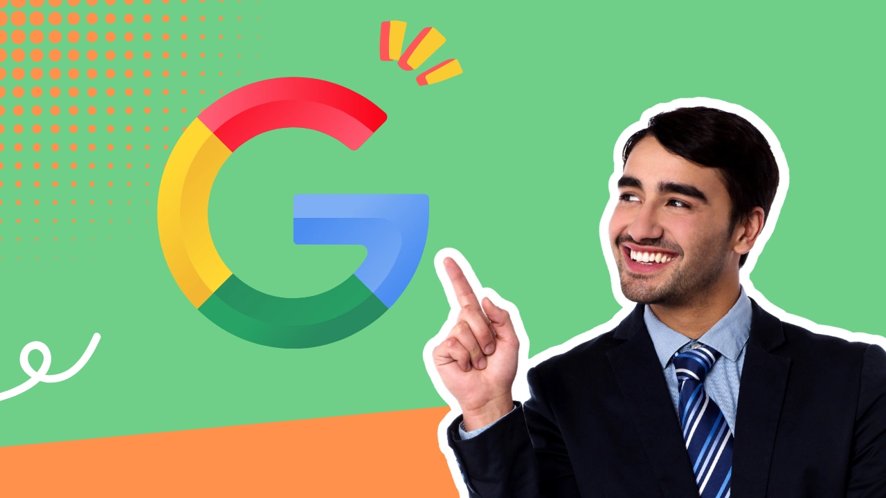 Un hombre de negocios señalando la G, el logotipo de Google.